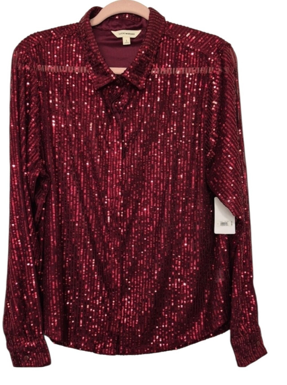 Lucky Brand Red Sequin Sheer Button Down Shirt L NWT Holiday Party